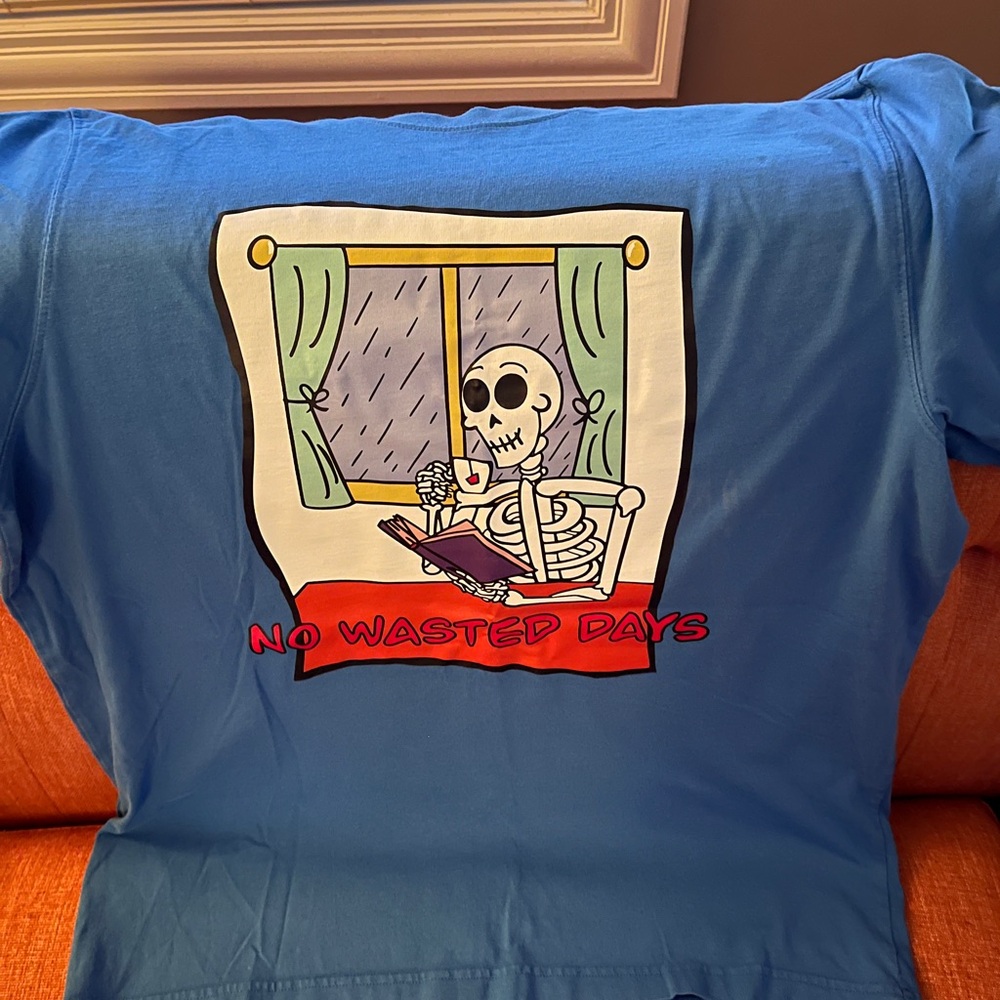 Blue Graphic Tee "No Wasted Days" Skeleton Design